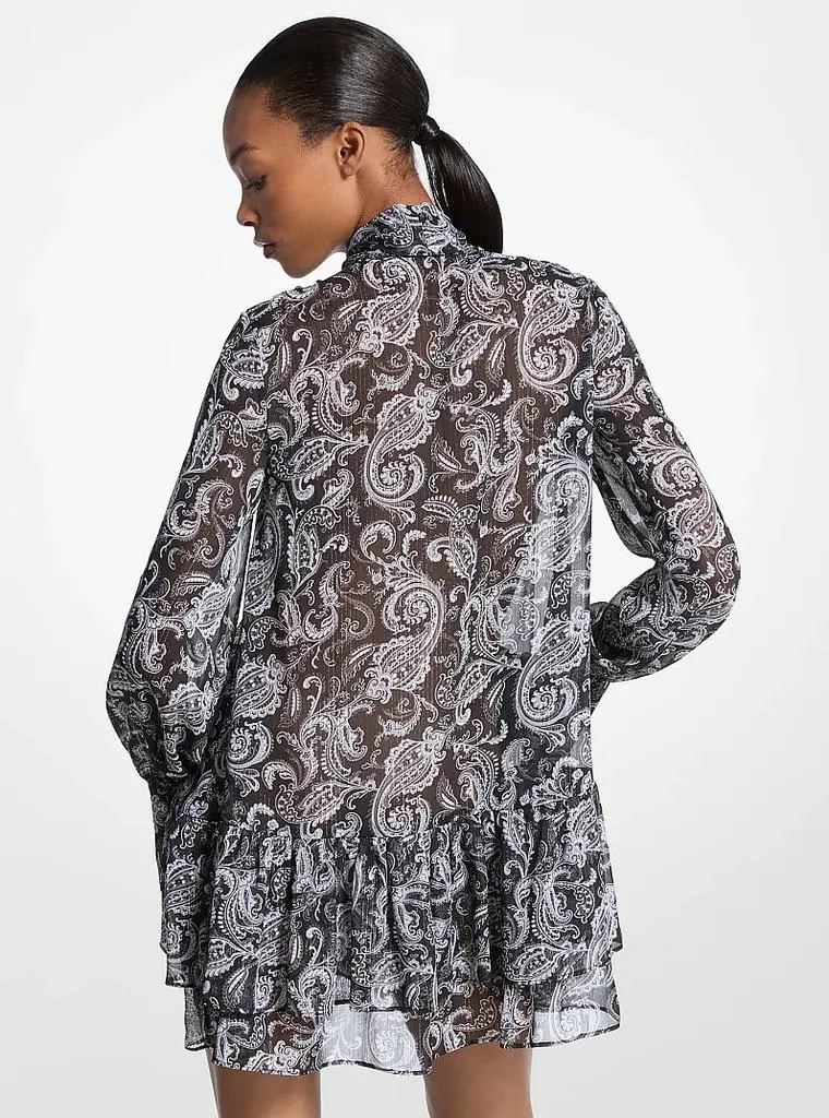 Michael Kors Metallic Paisley Georgette Tie-Neck Dress 2