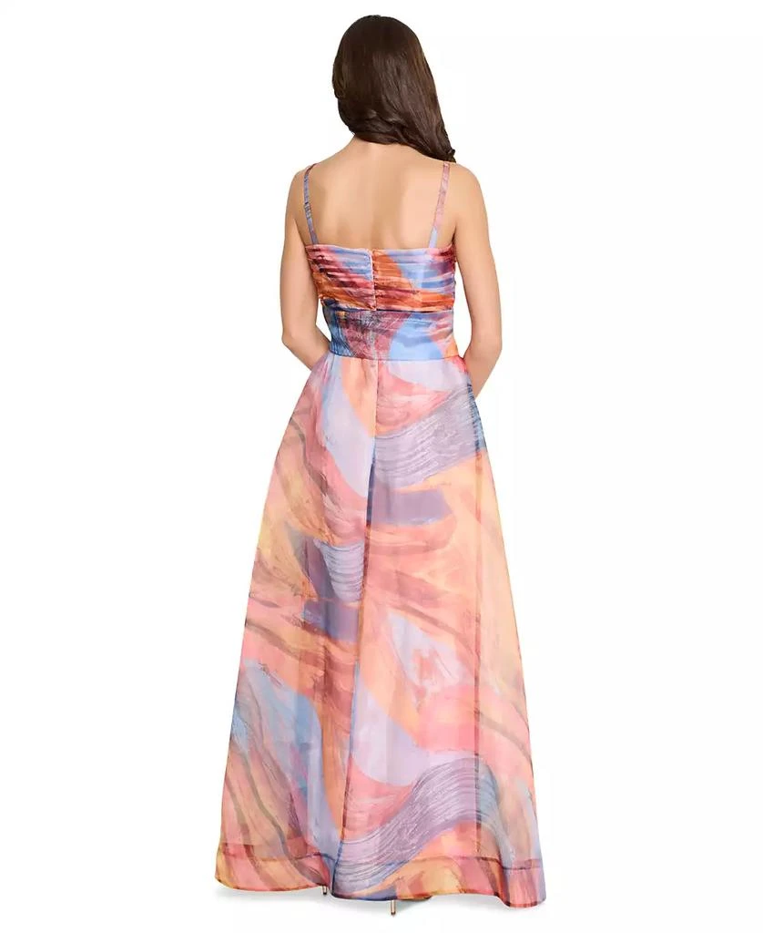 tahari bridesmaid dresses Tahari ASL V-Neck Spaghetti Strap Tie Waist Zipper Back Multi Print Slit  Side Satin Dress| Available at Curated Brands in Los Angeles main image 1