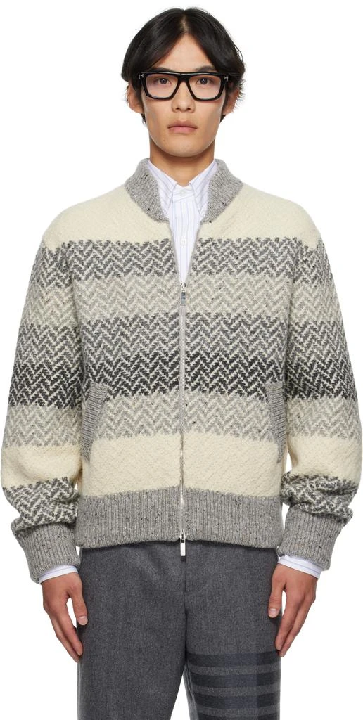 Thom Browne Gray 
Off-White Striped Herringbone Zip-Up Sweater 1