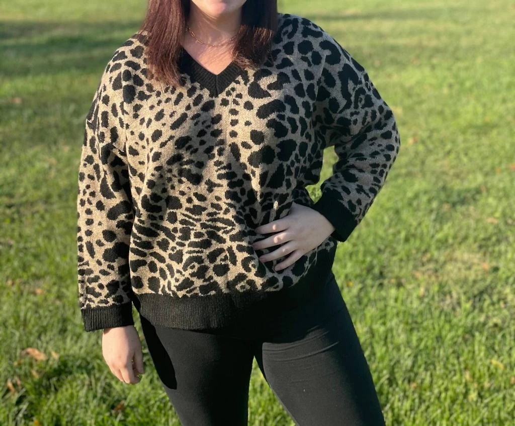 POL Leopard Print V Neck Sweater In Black 1