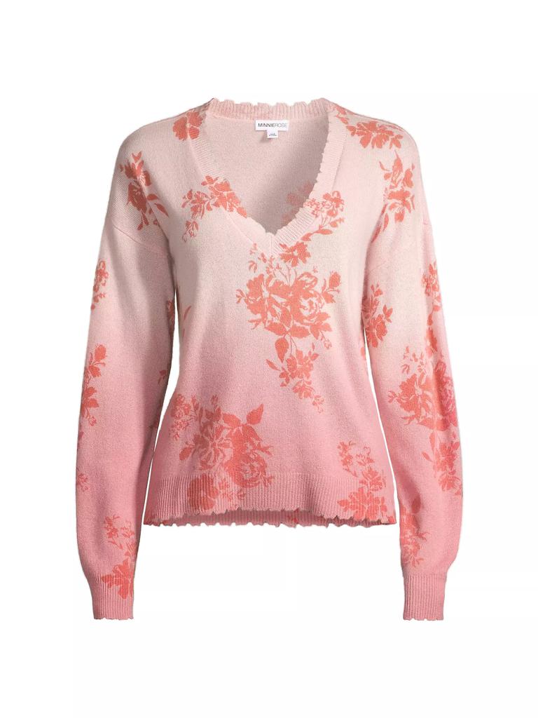 Minnie Rose Cashmere Ombré Floral V-Neck Sweater