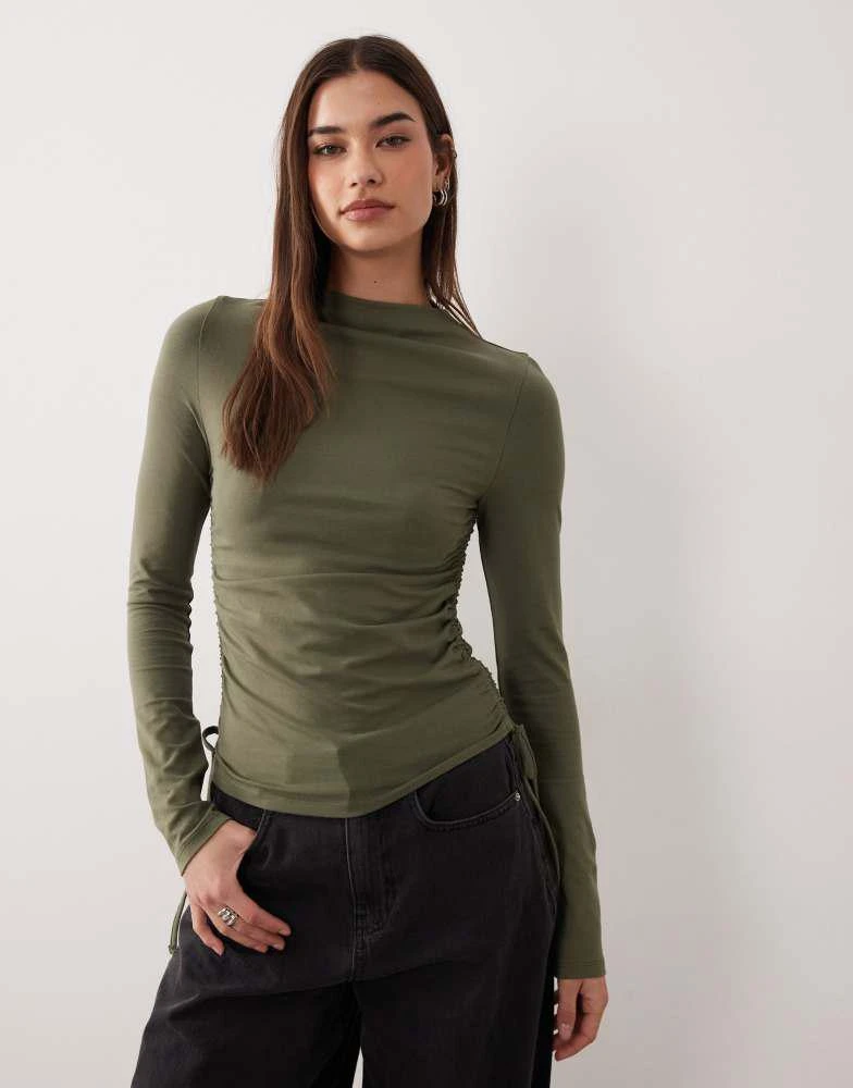 ASOS ASOS DESIGN ruched detail tie side high neck long sleeve top in olive
