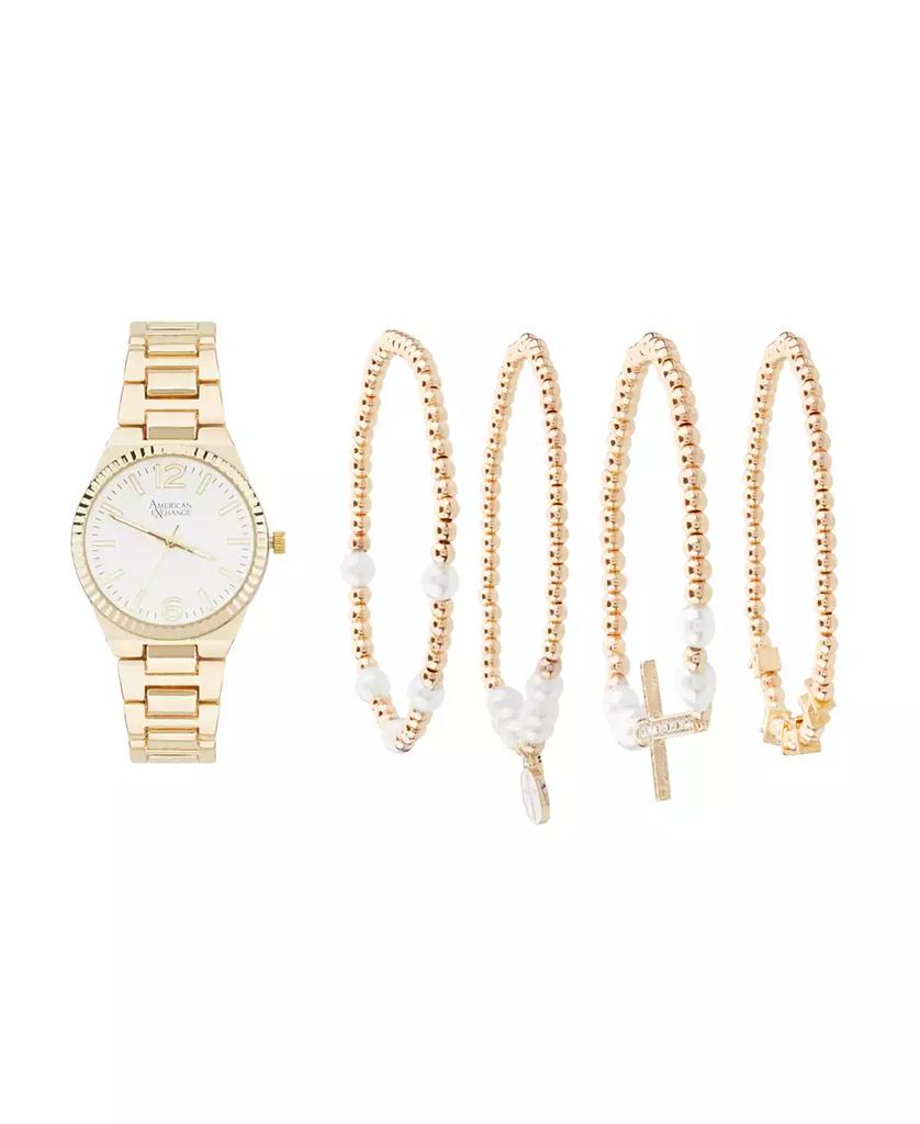 American Exchange Women's Shiny Gold Metal Alloy Analog Watch 33mm with Stackable Bracelets Gift Set