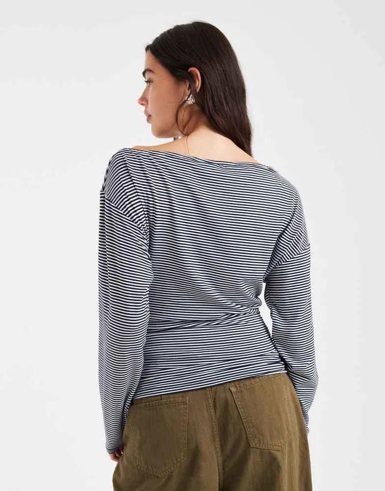 ASOS ASOS DESIGN stripe cinched asymmetric long sleeve top in mono stripe 2