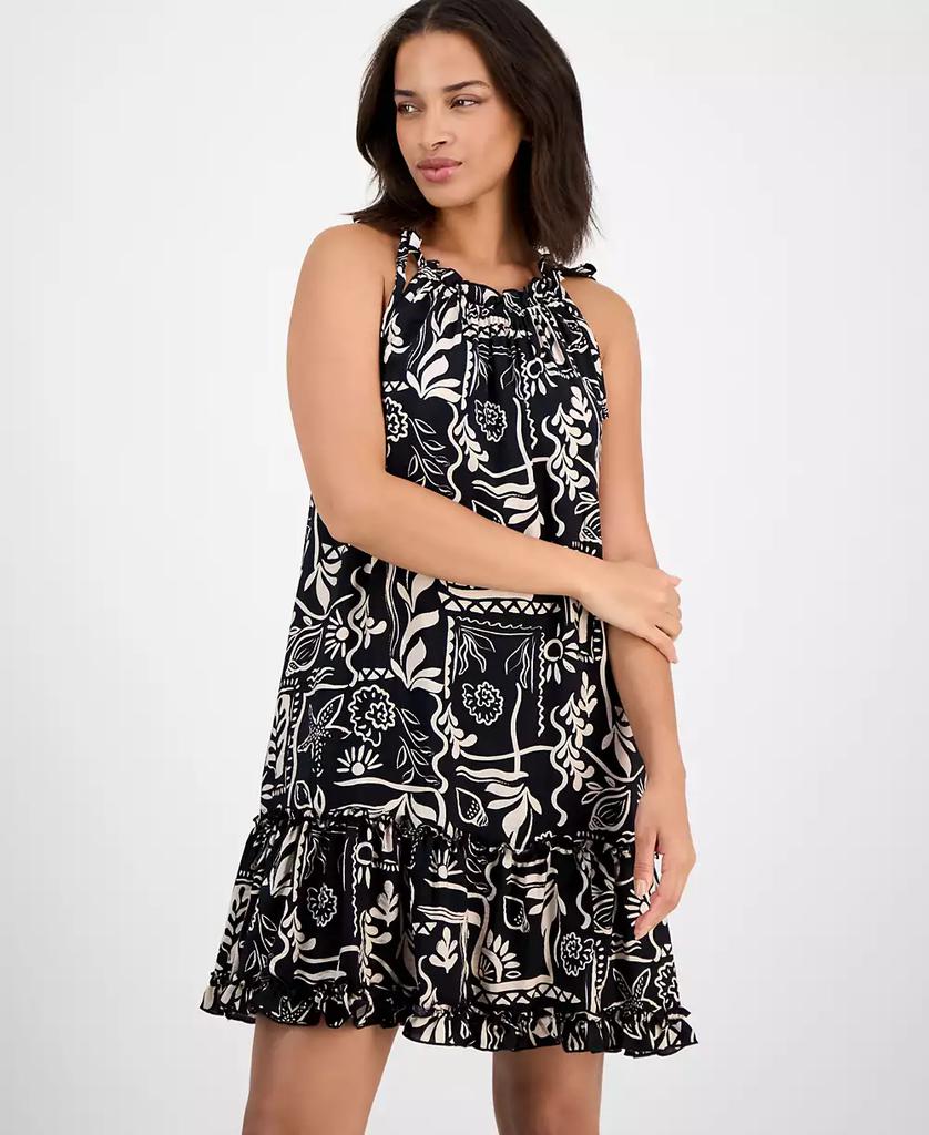 Robbie Bee Women's Printed Ruffle-Neck Sleeveless Mini Dress