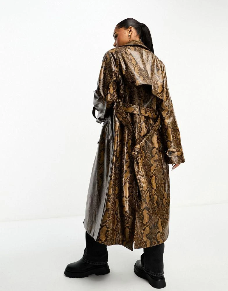 Monki Monki faux leather oversized belted trench coat in brown snake 3
