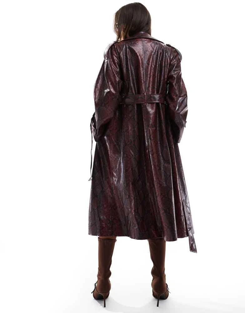 Bershka Bersha snakeskin faux leather trench in burgundy 3