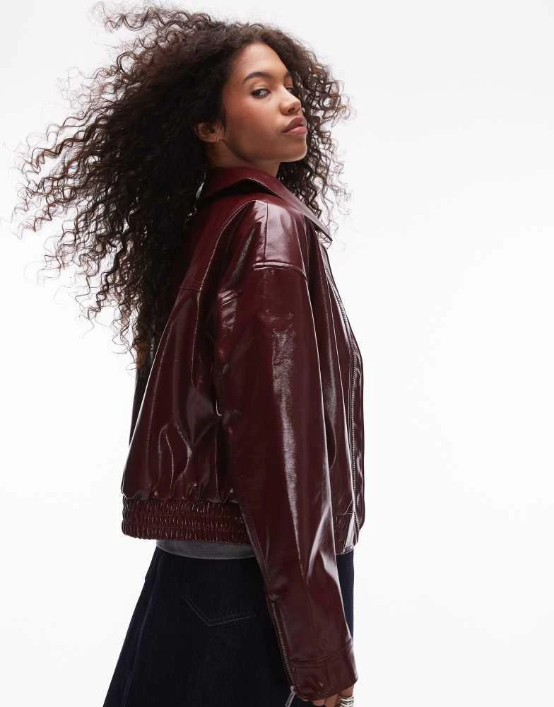 Topshop Topshop faux leather vinyl bomber jacket in burgundy 2
