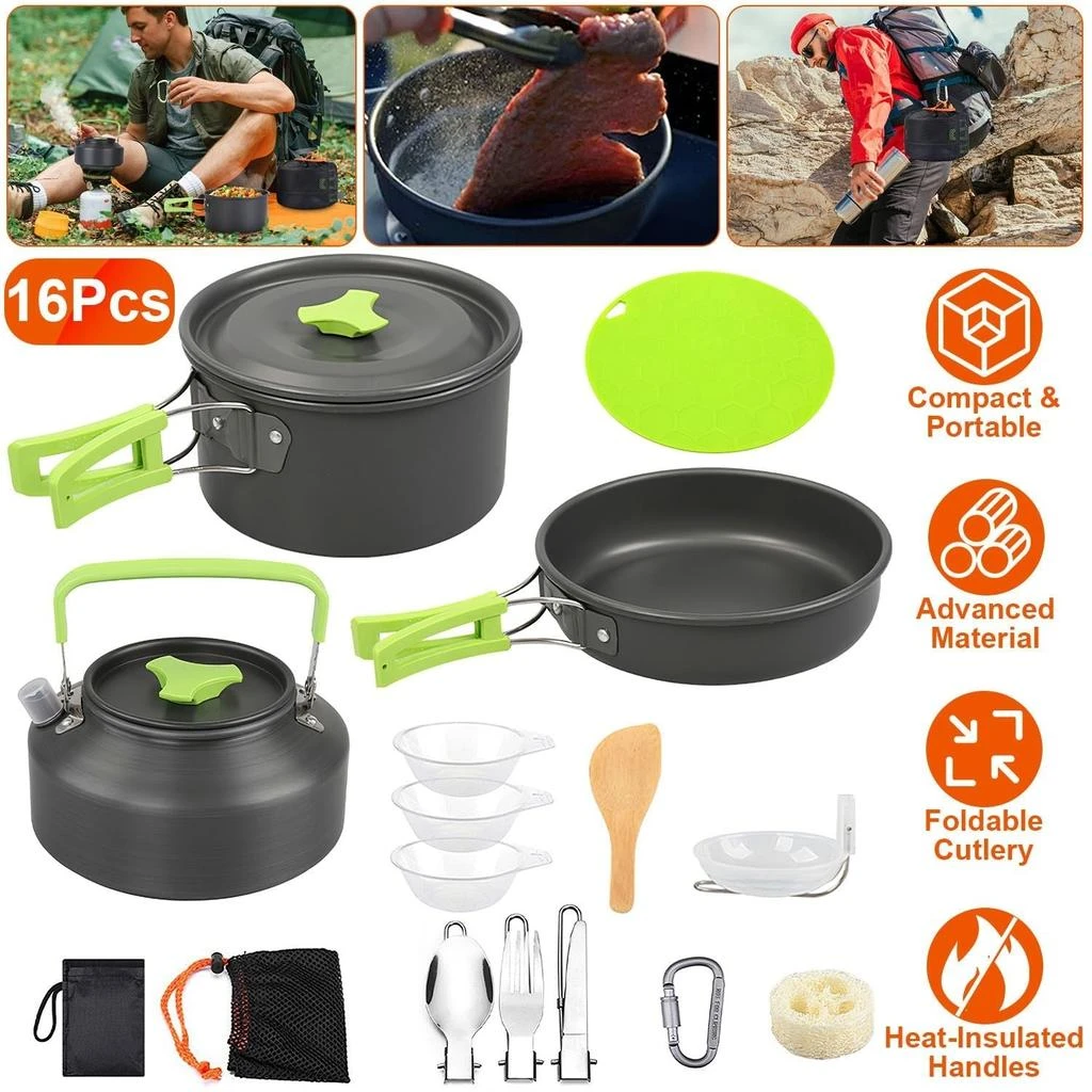 OUTVEKTOR Set of 16Pcs Camping Cooking Ware Camping Stove Cookware Kit Aluminum Kettle with Bowls Knife Fork Spoon Carabiner Spatula Cutting Board for Hiking Picnic Outdoor