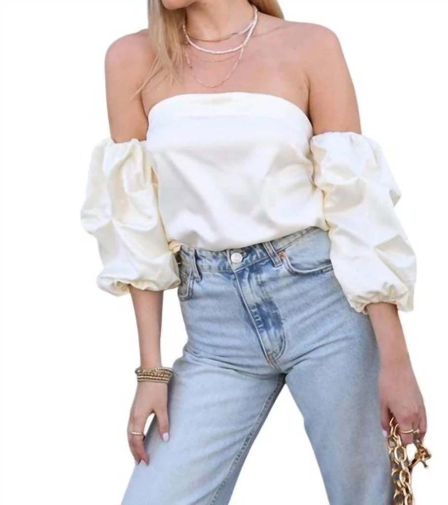 LUMIERE Off The Shoulder Satin Holiday Top In White 2