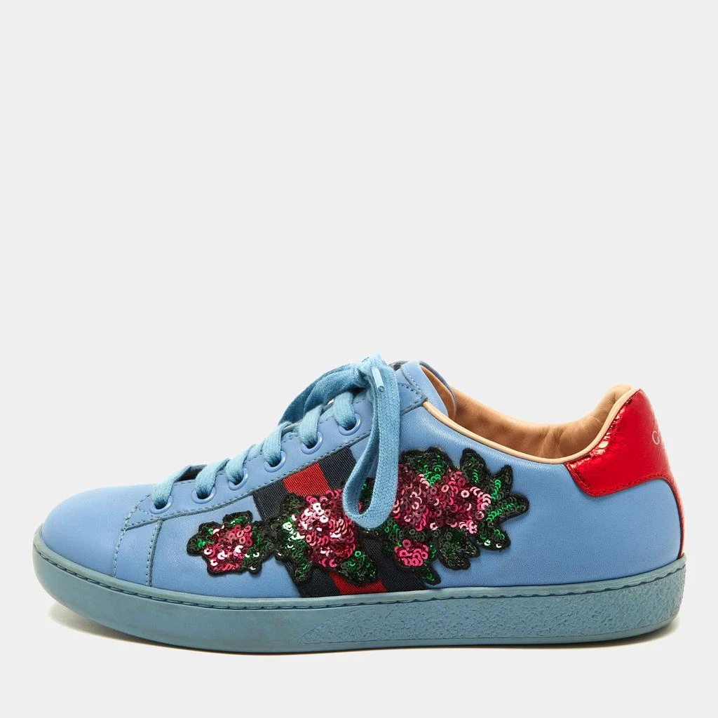 Gucci Gucci Blue Leather Flower Sequins Embellished Ace Low Top Sneakers Size 36 1