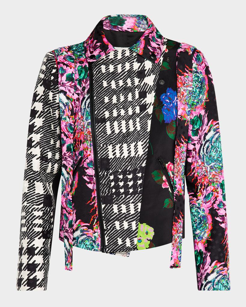 Libertine Patchwork Silk Bow-Shoulder Moto Jacket