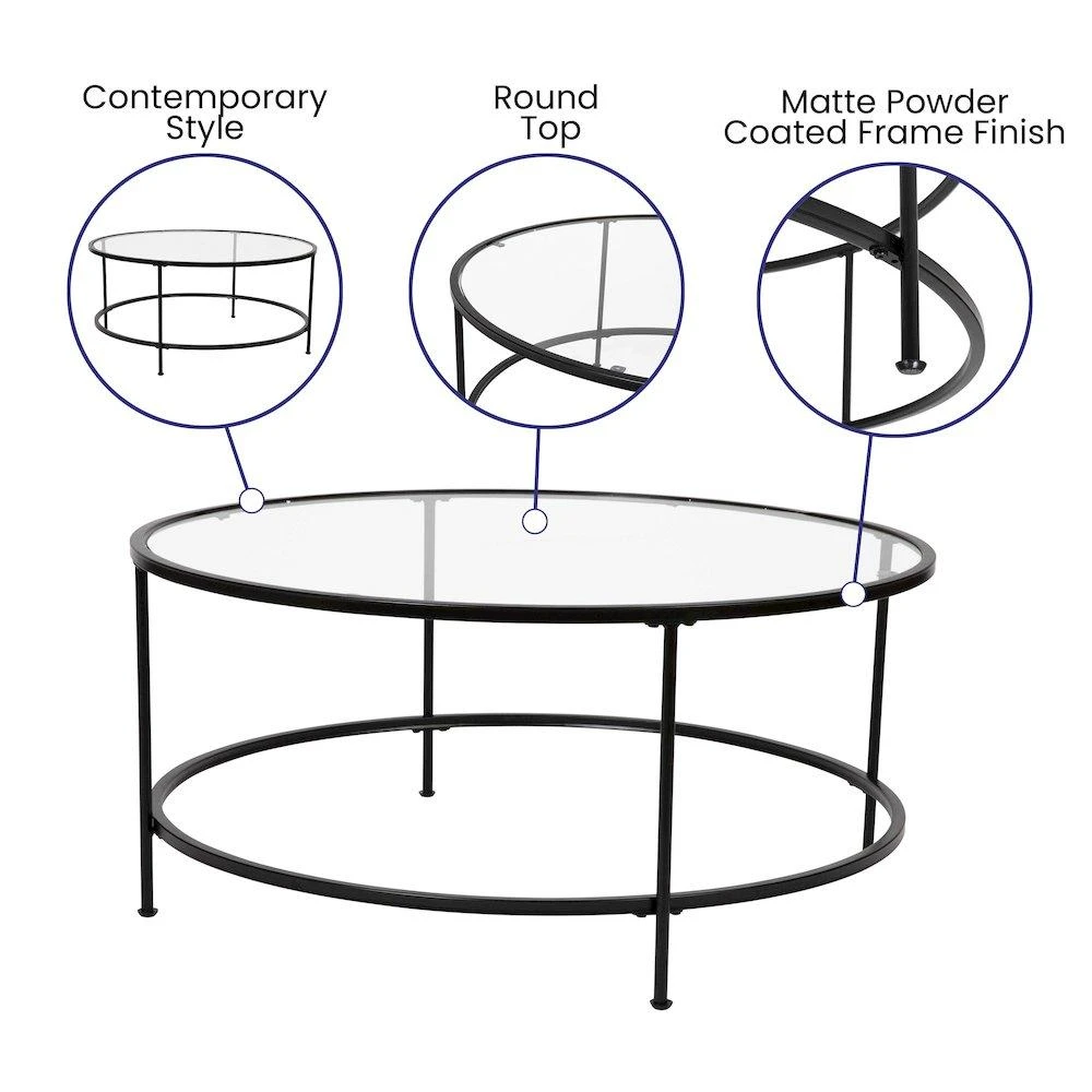 Flash Furniture Round Coffee Table - Modern Clear Glass Coffee Table with Matte Black Frame 5