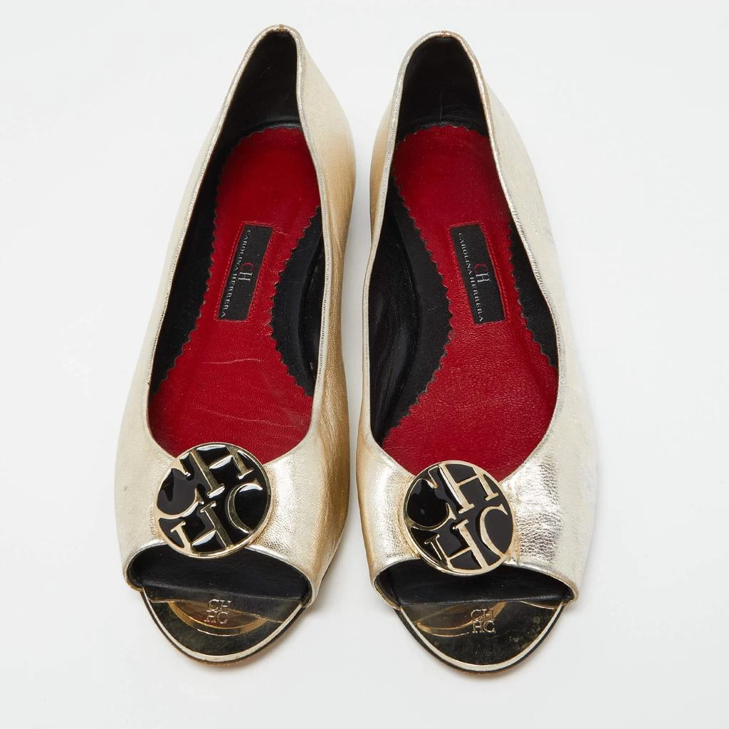 CH Carolina Herrera CH Carolina Herrera Gold Leather Logo Peep-Toe Ballet Flats Size 38 3