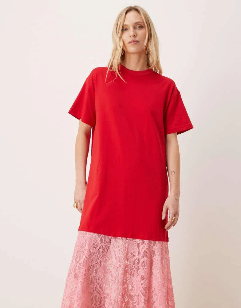 Never Fully Dressed Never Fully Dressed Petite oversized jersey t-shirt maxi dress with lace skirt in red and pink