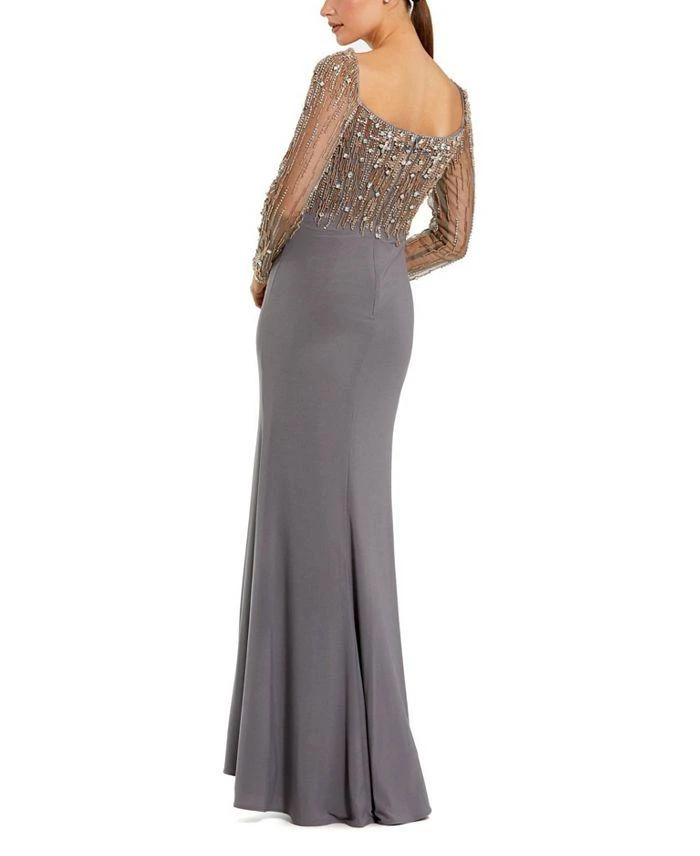 Mac Duggal Beaded Embellished Square Neck Long Sleeve Jersey Gown 3