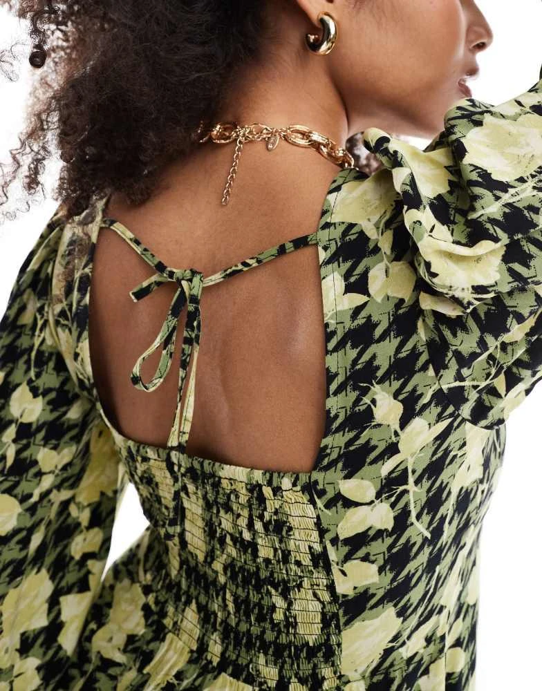 ASOS ASOS DESIGN square neck blouson sleeve mini dress in green and yellow floral print 4