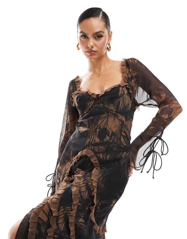 ASOS ASOS DESIGN long sleeve frill high low maxi dress in abstract print 4