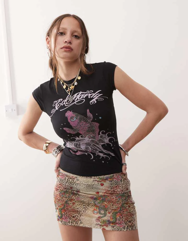 Ed Hardy Ed Hardy koi fish diamante cap sleeve t-shirt in black 1