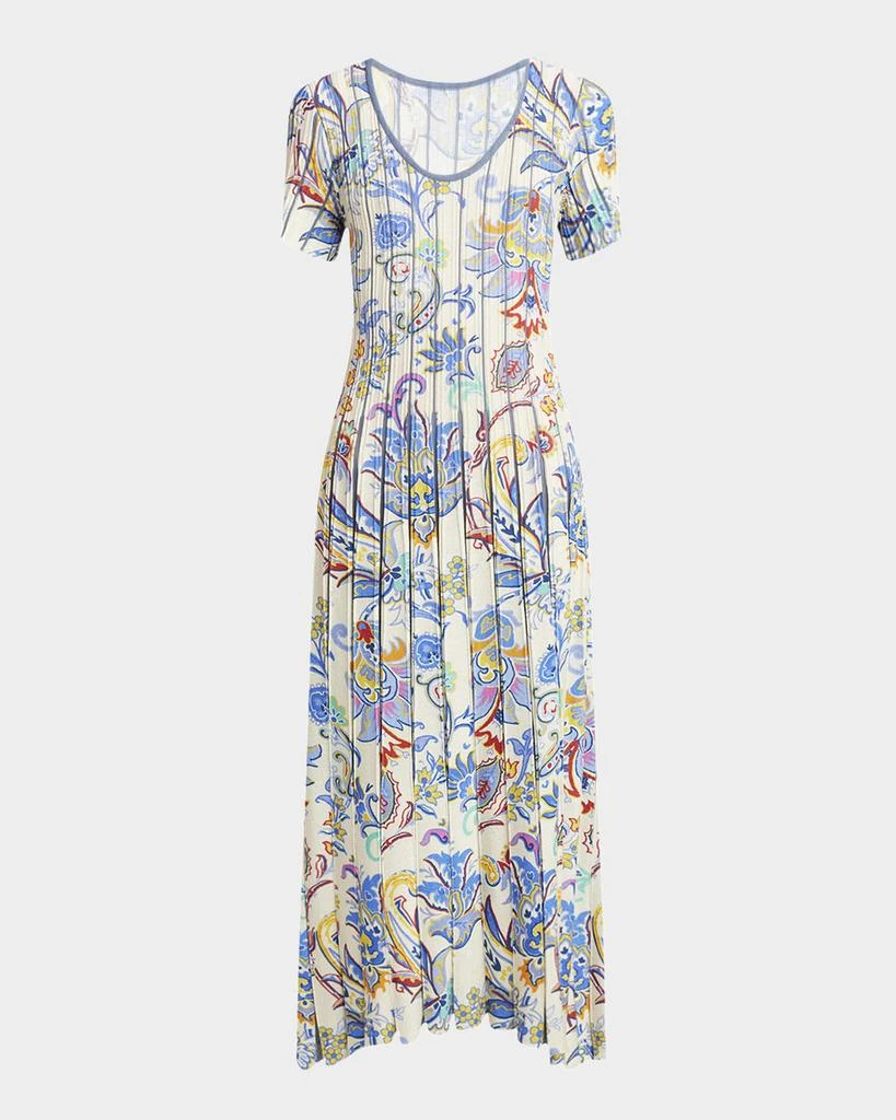 ETRO Blue Bouquet Pleated Knit Midi Sweater Dress