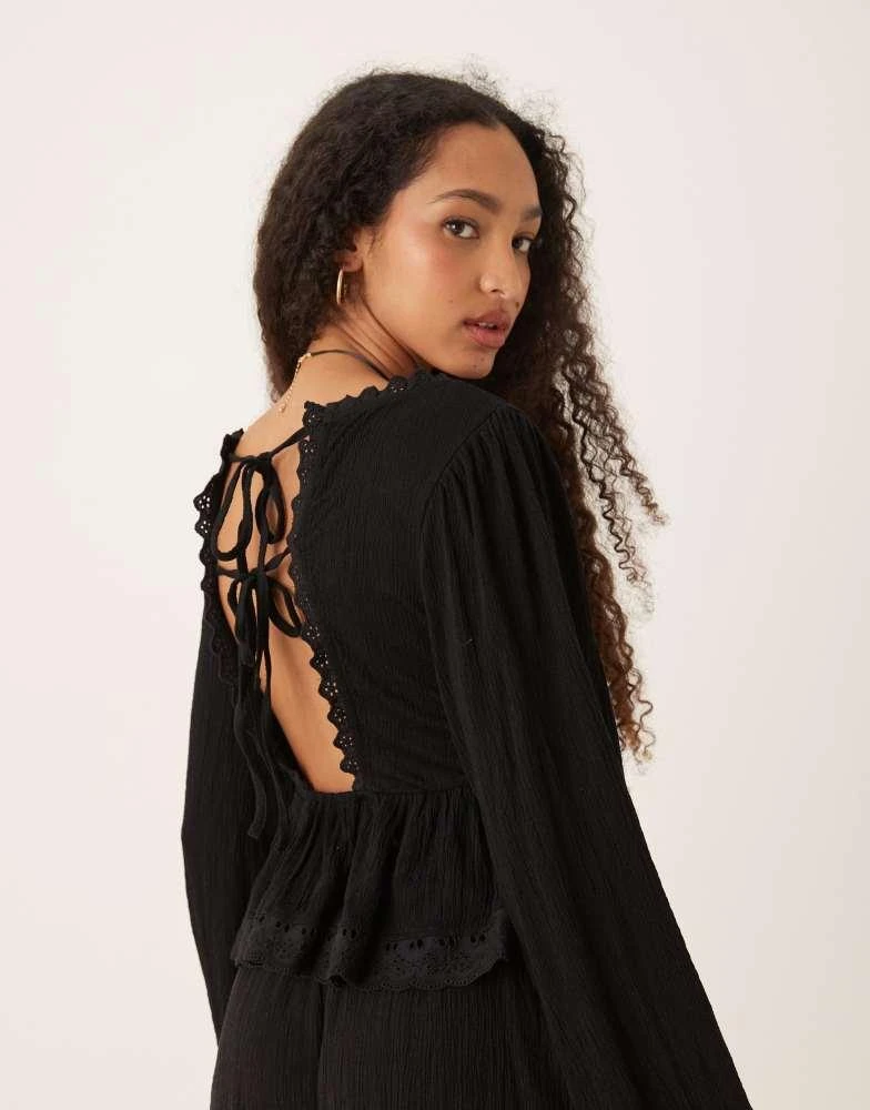 ASOS ASOS DESIGN crinkle tie back balloon sleeve top with lace trim in black - BLACK 2