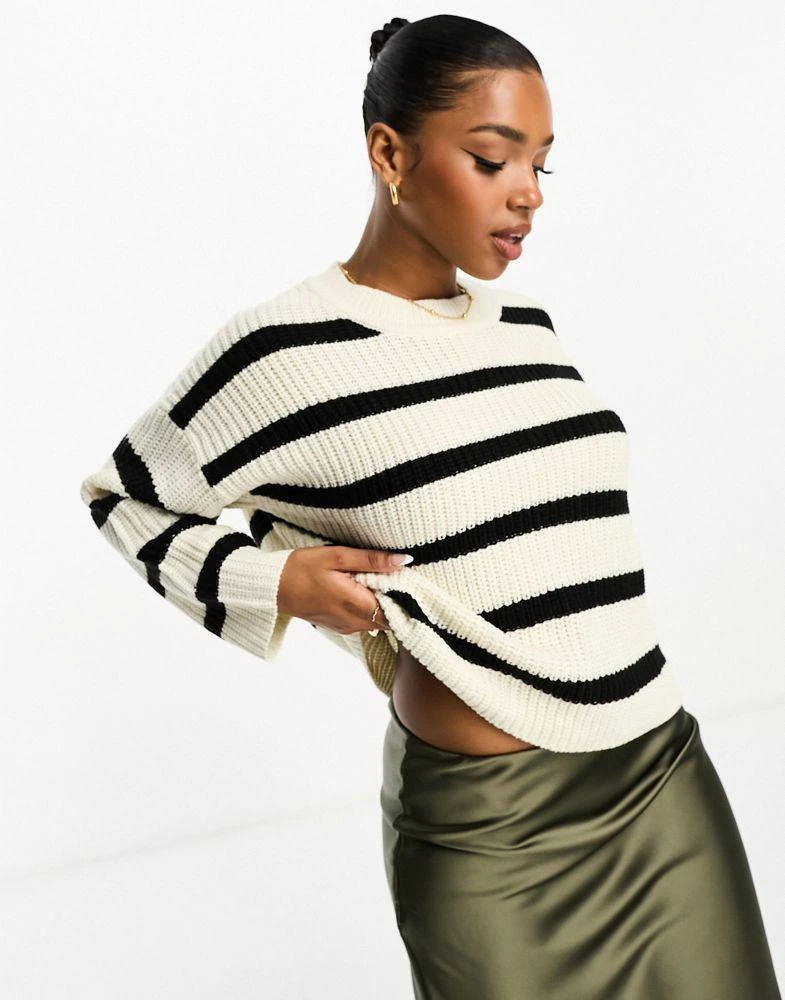 JDY JDY knitted crew neck stripe  jumper in black & cream 1