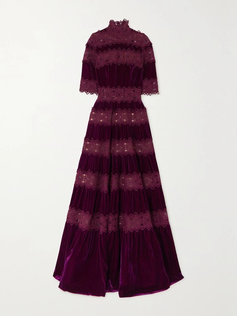 Costarellos Lissie 拼接天鹅绒凸花蕾丝礼服 1