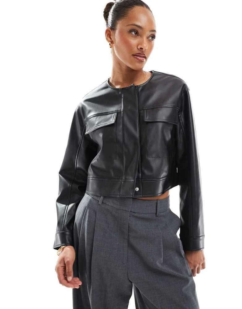 ASOS ASOS DESIGN cropped collarless leather look jacket in black 1