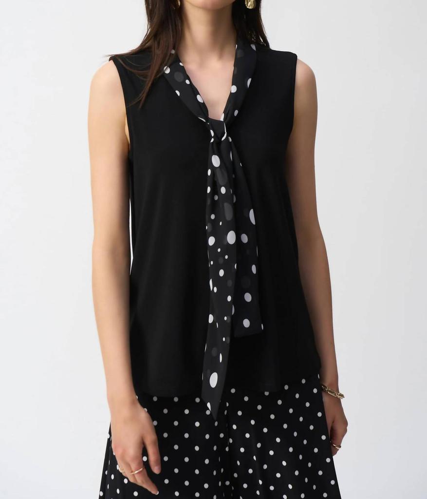 JOSEPH RIBKOFF Joseph Ribkoff - Polka Dot Tie Scarf Sleeveless Top