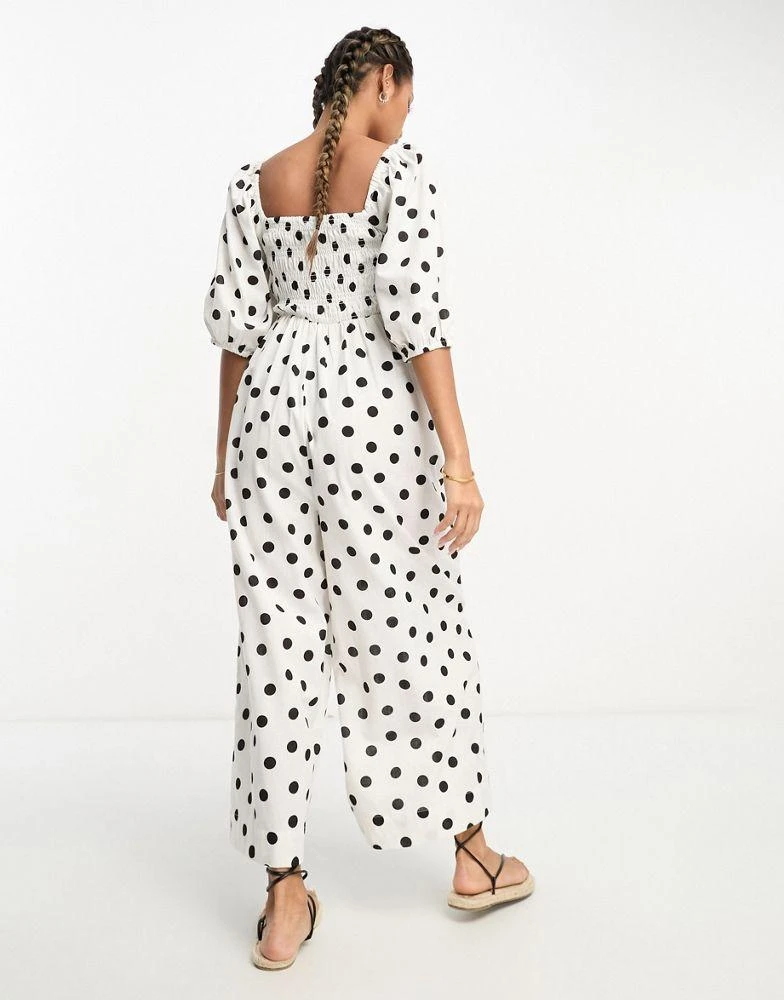 ASOS ASOS DESIGN linen look shirred bodice puff sleeve jumpsuit in mono spot print 2