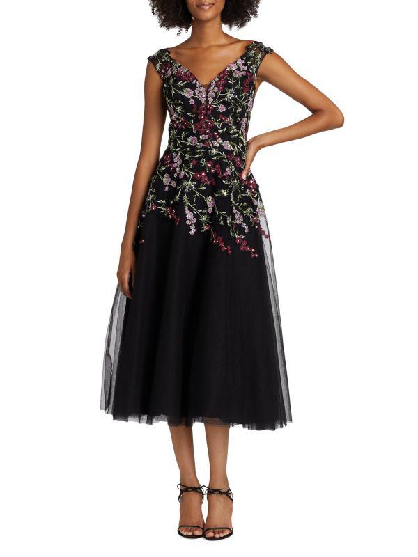 Teri Jon Embroidered Tulle Fit &Flare Midi-Dress