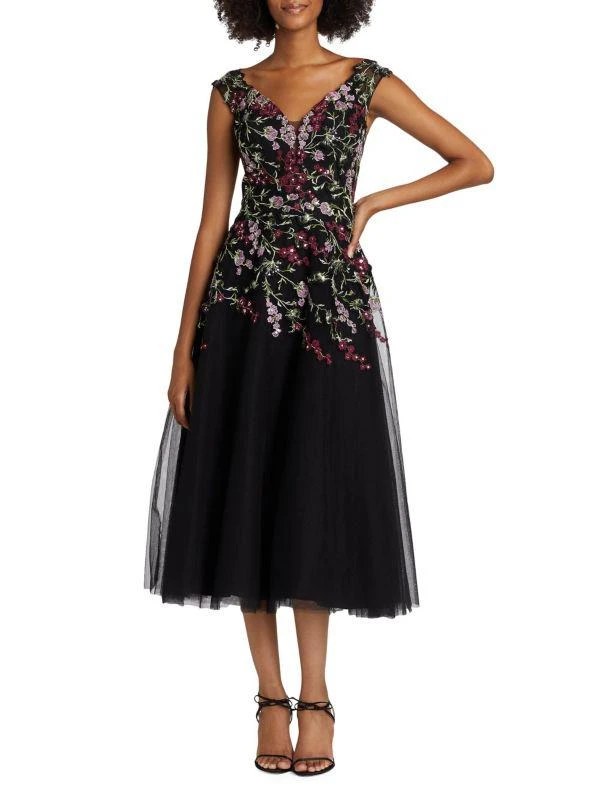 Teri Jon Embroidered Tulle Fit &Flare Midi-Dress 1
