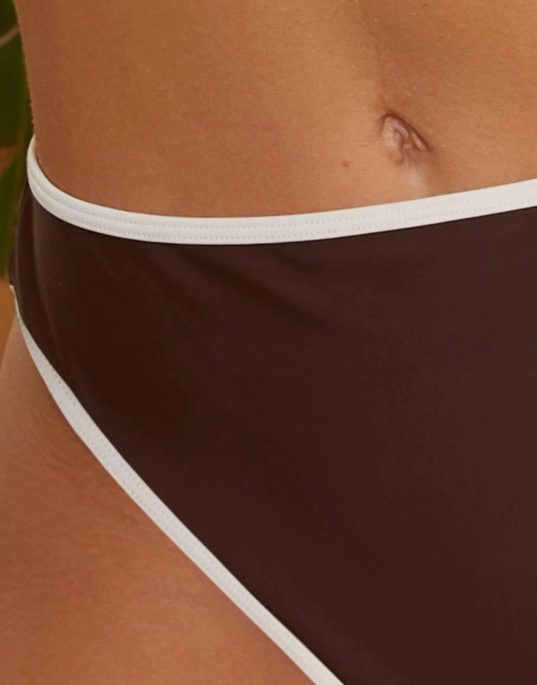 Wolf & Whistle Wolf & Whistle Fuller Bust x Abby Benson contrast trim high waist bikini bottom in brown and white 4