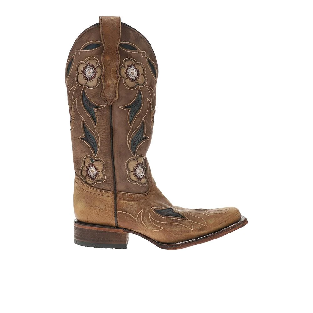 Circle G by Corral Sand Flower Inlay Embroidered Square Toe Pull On Cowboy Boots