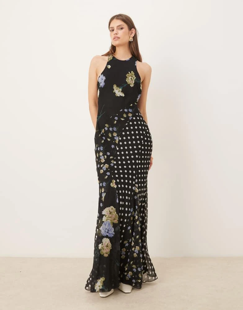 white christmas dresses Rent ASOS DESIGN Tie Front Soft Mini Dress With Cuff And Waist Detail In  Green Floral Print main image 0