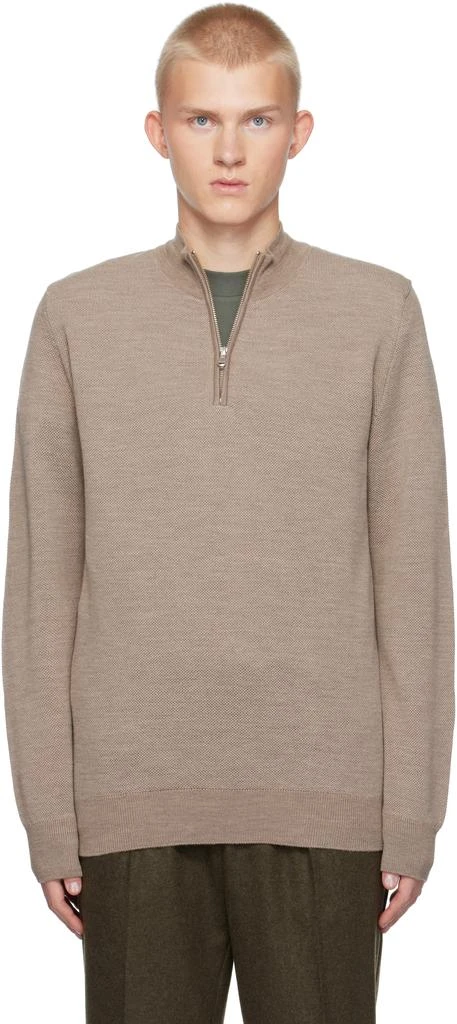 Sunspel Beige Merino Honeycomb Zip Neck Sweater 1