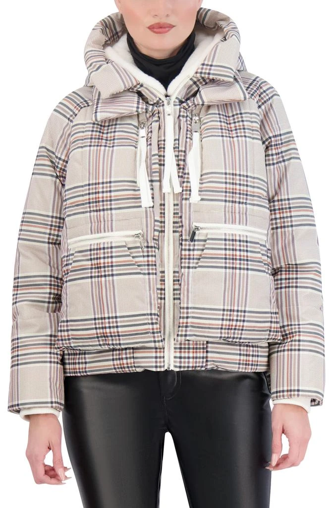 Ookie & Lala Plaid Faux Fur Lined Utility Crop Puffer Hooded Jacket