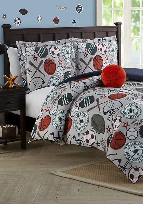 Alex + Bella League Sports Gray Comforter Set with Basket Ball Pillow and Sports Themed Wall Decals