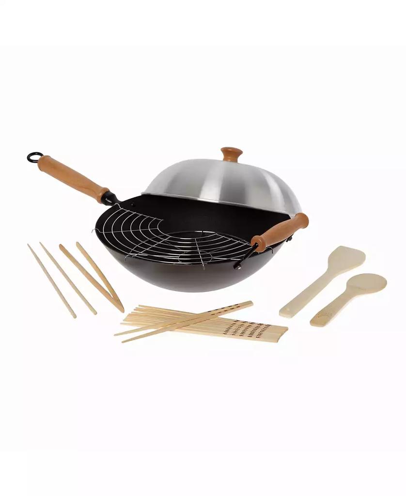 Honey Can Do Professional Series 14" Carbon Steel Nonstick Wok Set with Lid and Maple Handles, 10 Pieces