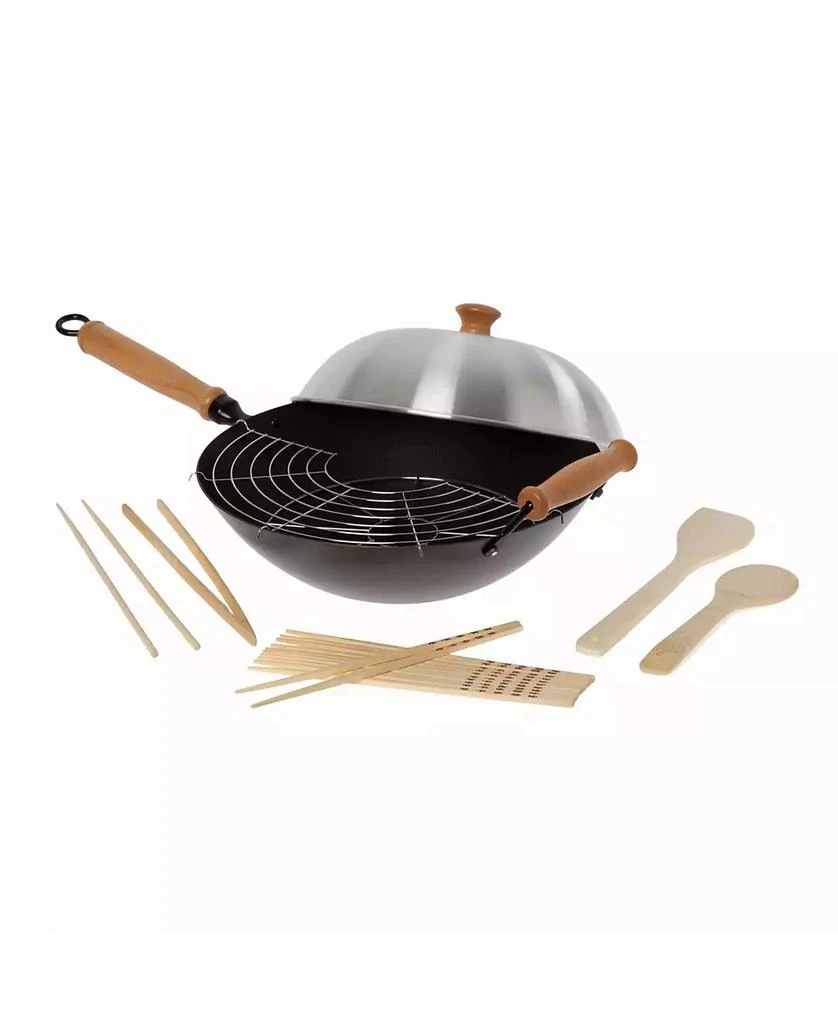 Honey Can Do Professional Series 14" Carbon Steel Nonstick Wok Set with Lid and Maple Handles, 10 Pieces 1