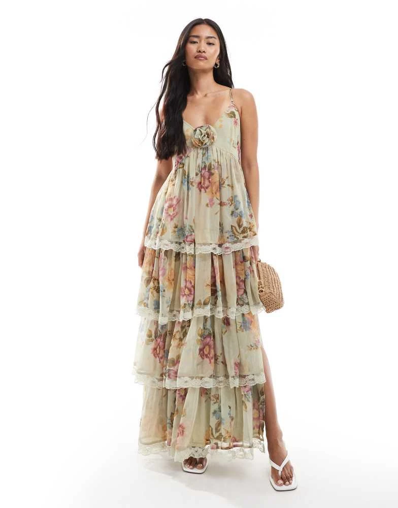 Miss Selfridge Miss Selfridge race day chiffon tiered maxi dress in green floral print 1
