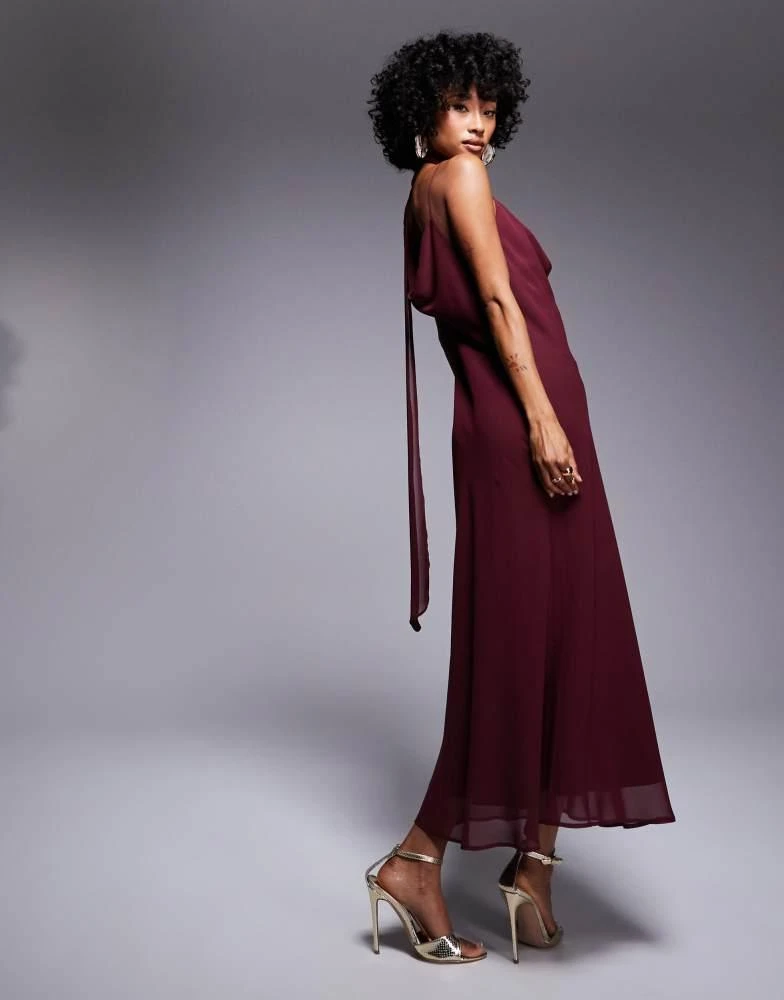 ASOS ASOS DESIGN chiffon cowl maxi dress with scarf detail in burgundy 4