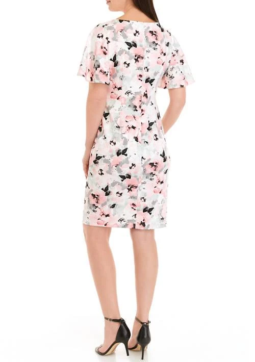 Kasper Womens Flutter Sleeve Print Sheath Dress 2