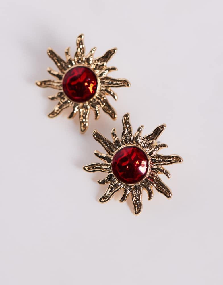8 Other Reasons 8 Other Reasons 18ct gold plated sun stud earrings with red stone