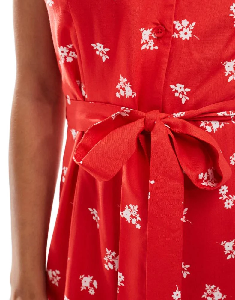 ASOS ASOS DESIGN button through mini tea dress with tie back in red ditsy floral print 3