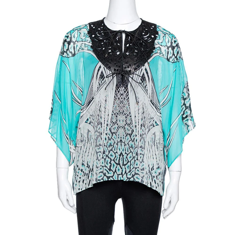 Roberto Cavalli Roberto Cavalli Turquoise Blue Printed Silk Leather Trim Kaftan Top M 1