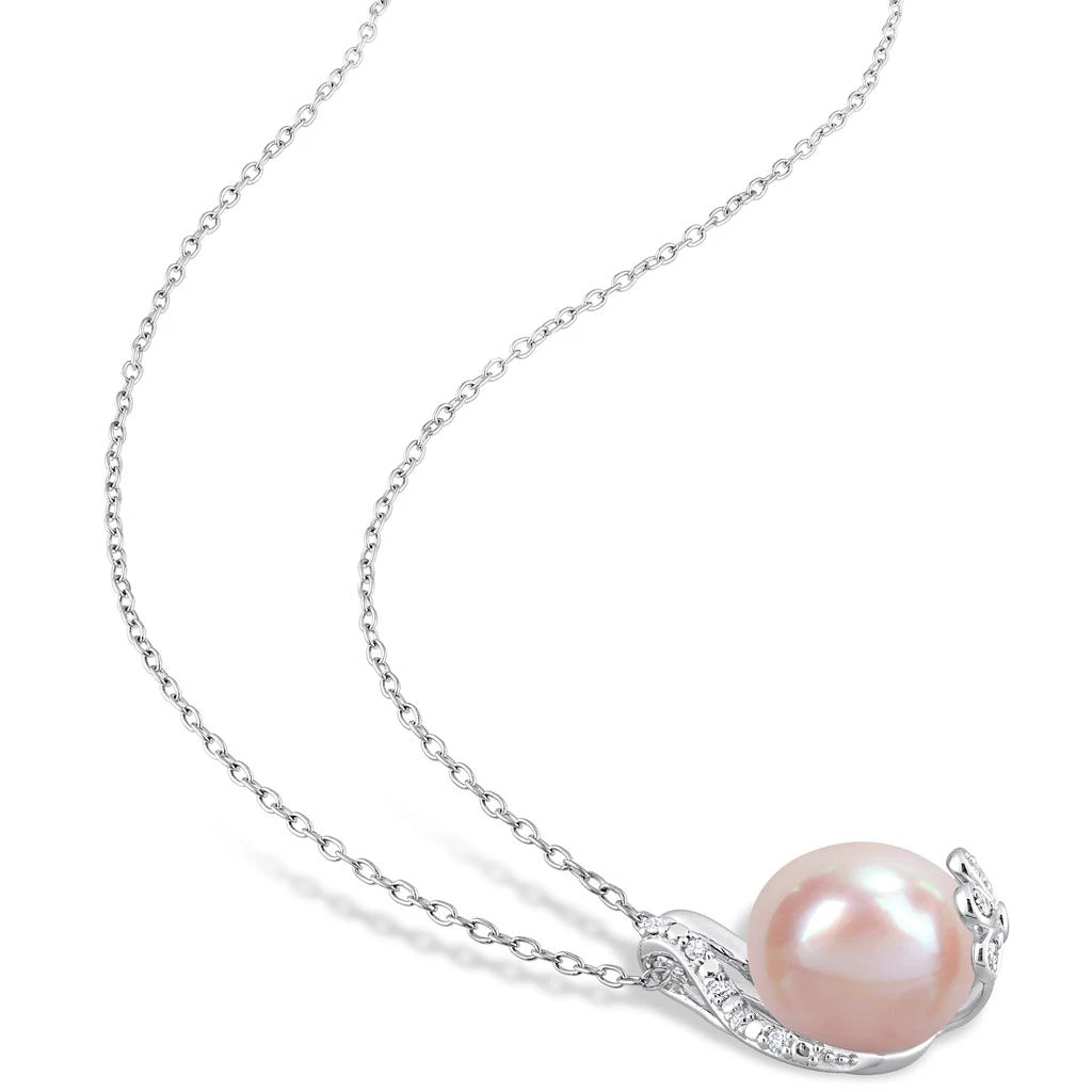 Mimi & Max 12-12.5mm Rice-Shaped Pink Freshwater Cultured Pearl 1/10ct TDW Diamond Open Leaf Pendant with Chain in Sterling Silver 5