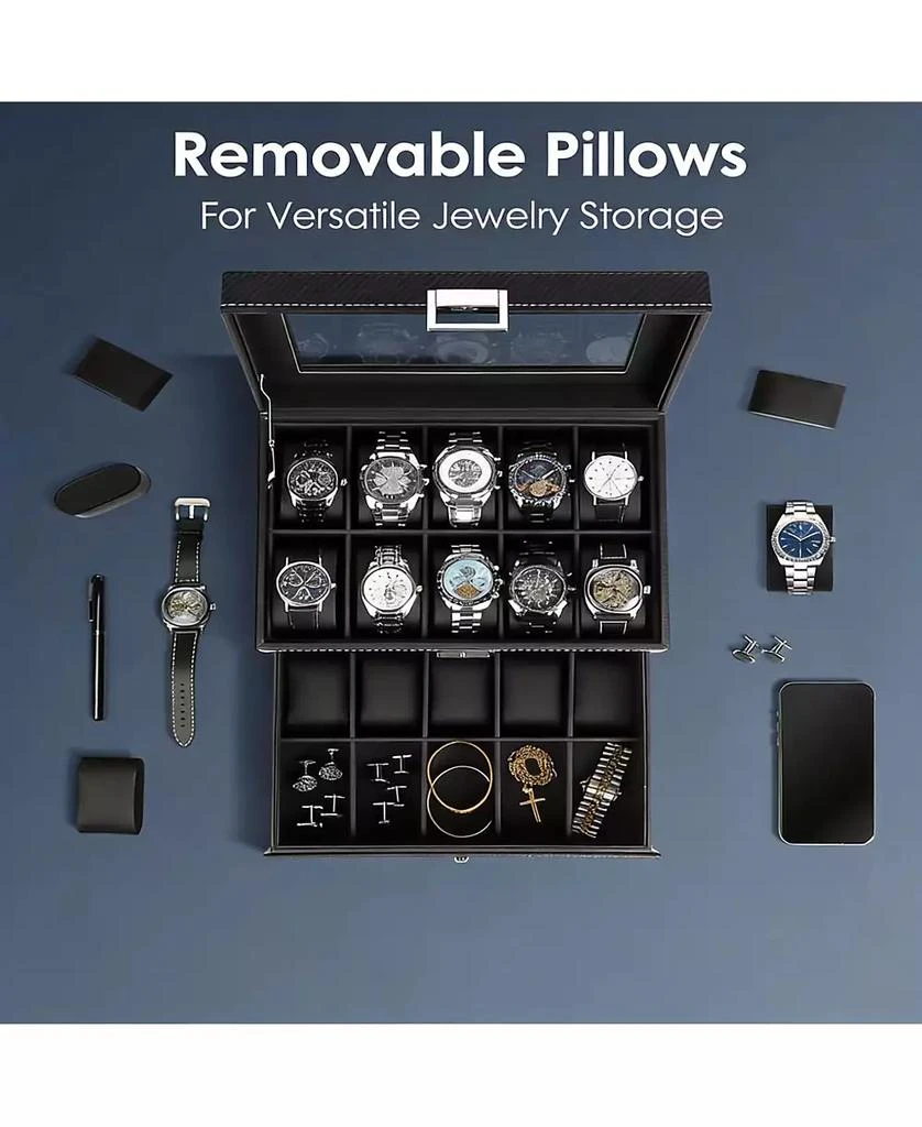 YIGII 20-Slot PU Leather Watch Box with Clear Glass Lid and Removable Cushions 3