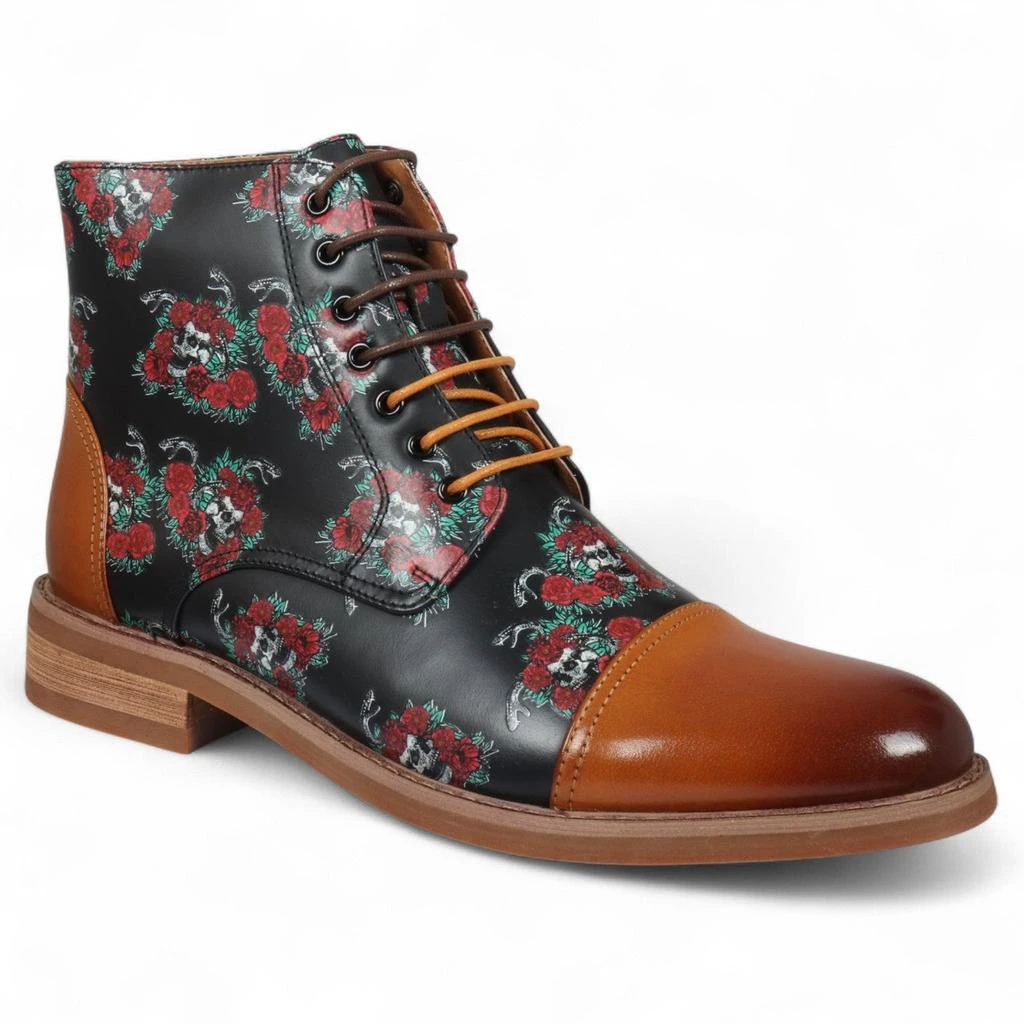 Justin Reess Heren Bruine Oxford Enkellaarsjes van Leer met Bloemenprint - Adam Skull 4