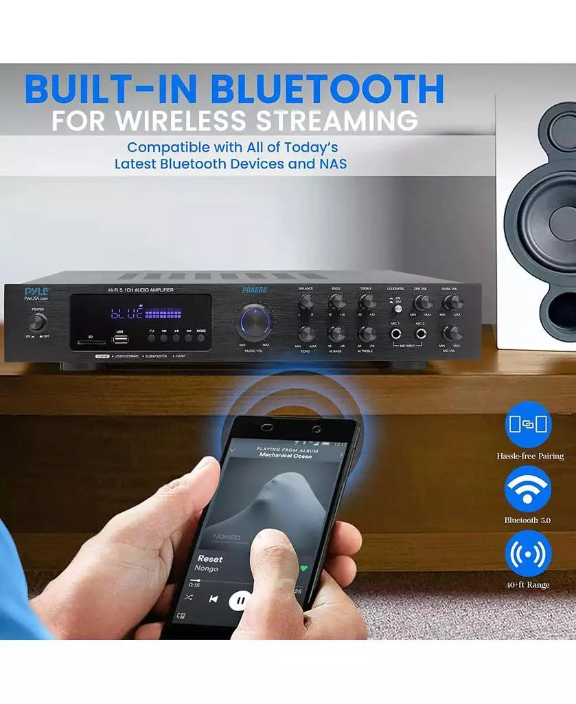 Pyle 5-Channel Audio Amplifier - Multi-Source 1/4” Audio/Microphone Input, USB/SD Readers, FM Radio, Built-in Bluetooth for Wireless Audio Streaming 4